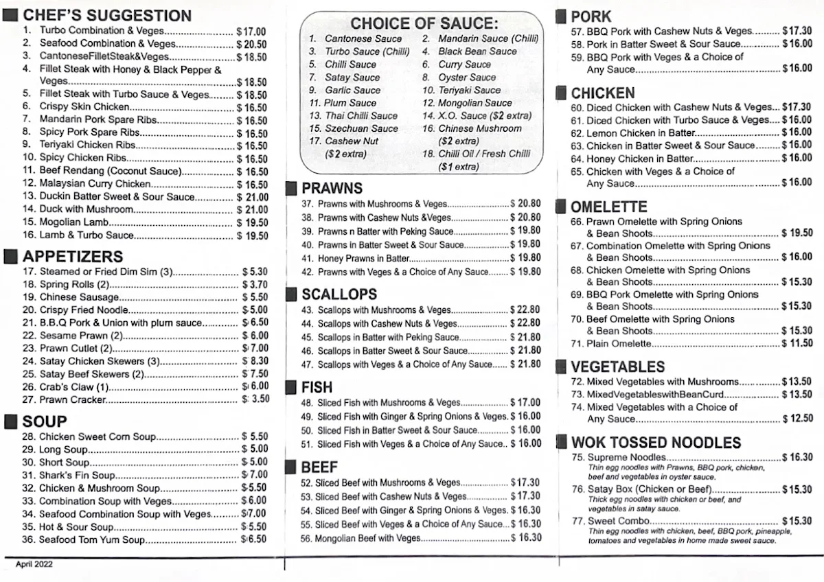 Menu, Turbo Asian Food