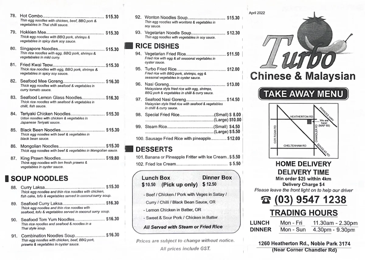 Menu, Turbo Asian Food