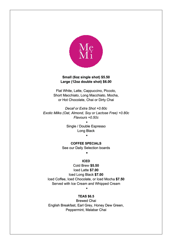Menu, MeMi | Coffee + Food