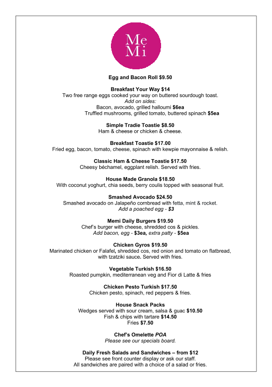 Menu, MeMi | Coffee + Food