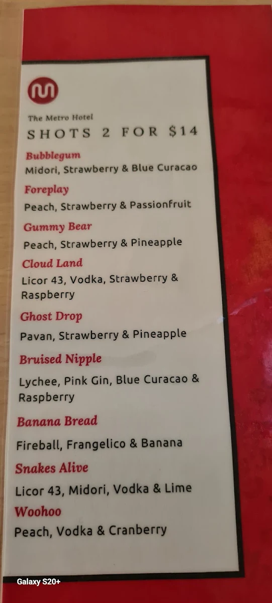 Menu, Metro Hotel