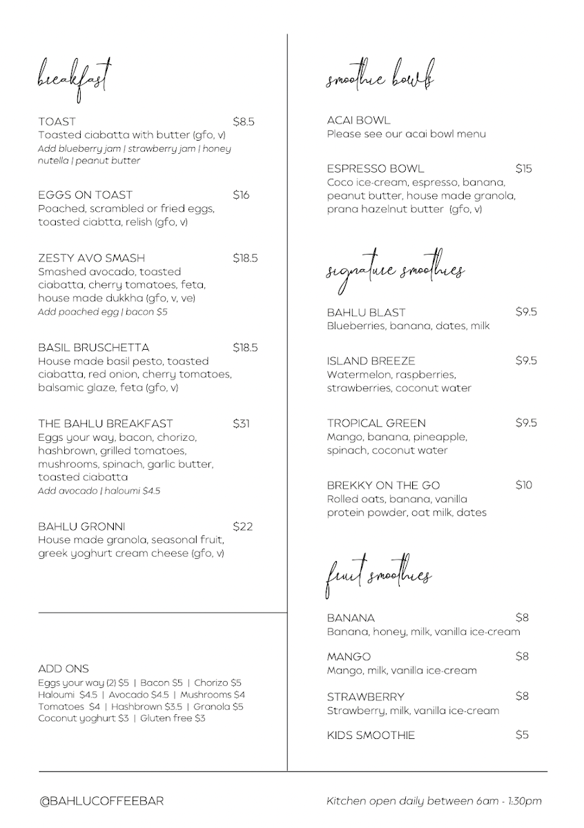 Menu, Bahlu Coffee & Acai Bar
