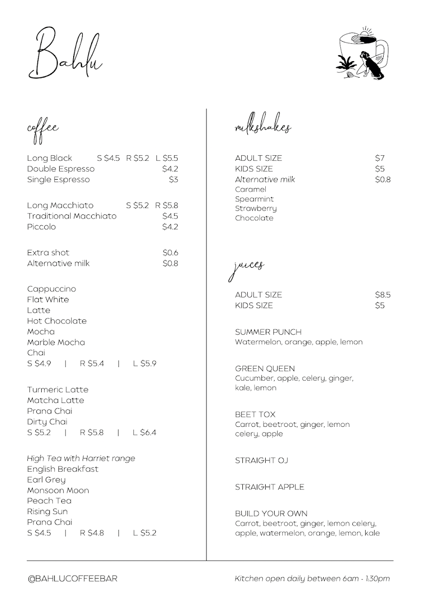 Menu, Bahlu Coffee & Acai Bar