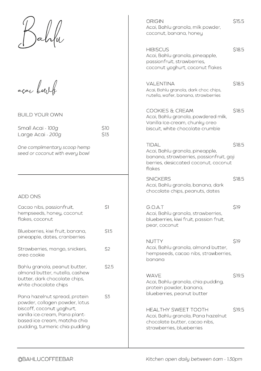 Menu, Bahlu Coffee & Acai Bar