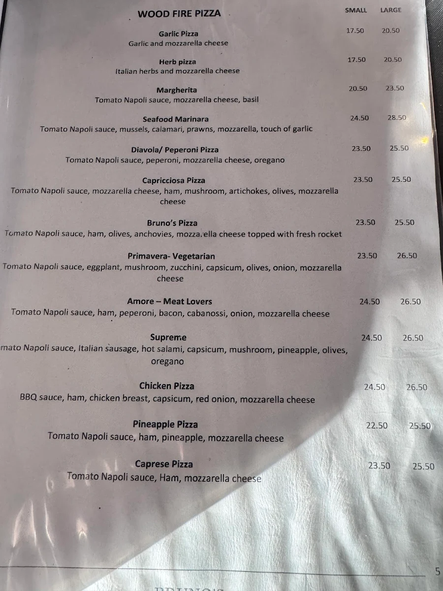 Menu, Bruno's Italian Restaurant & Take-Away