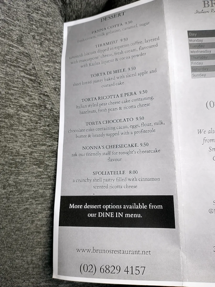 Menu, Bruno's Italian Restaurant & Take-Away