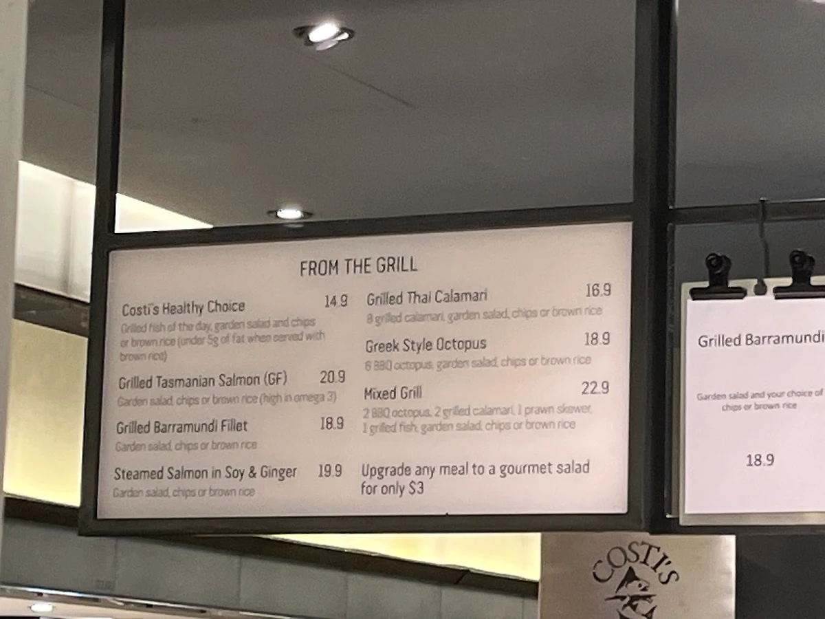 Menu, Costi's Fish & Chips Barangaroo