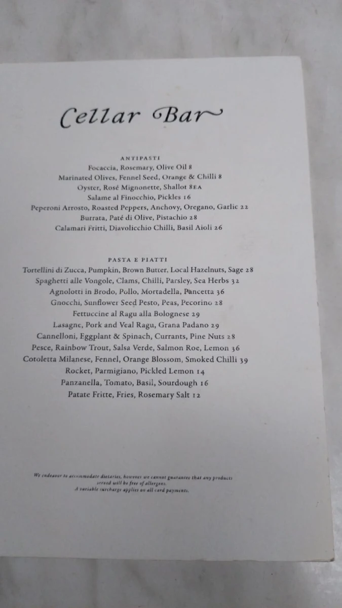 Menu, Florentino Cellar Bar
