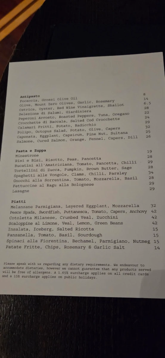 Menu, Florentino Cellar Bar