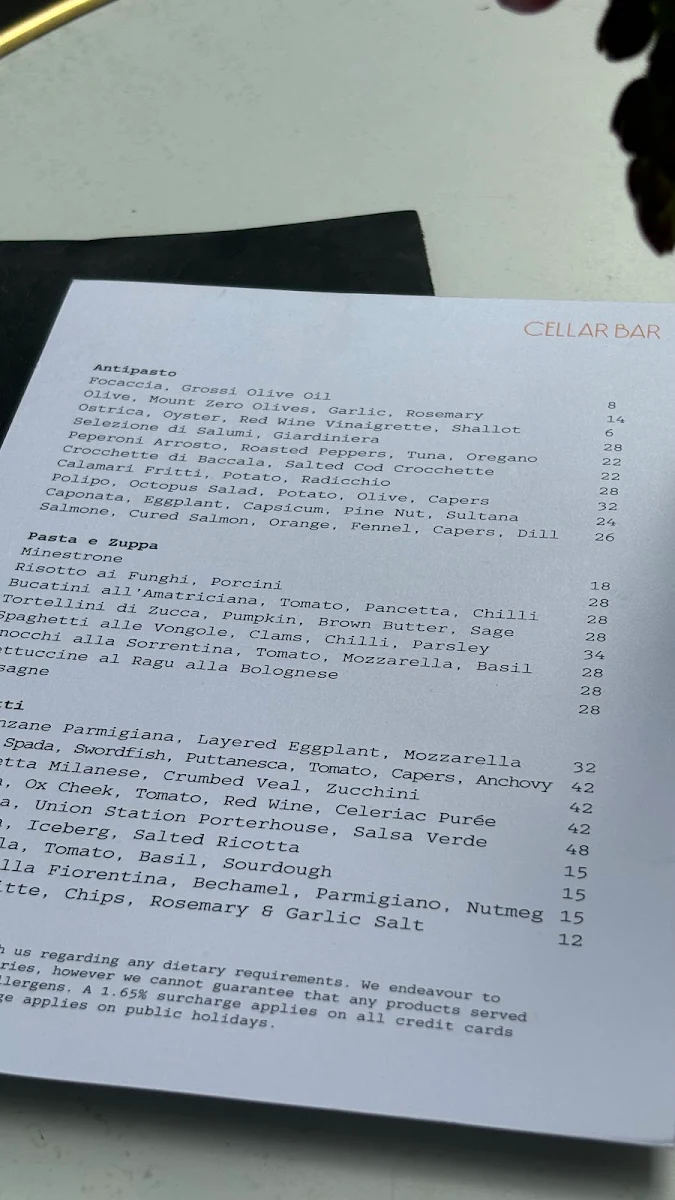 Menu, Florentino Cellar Bar
