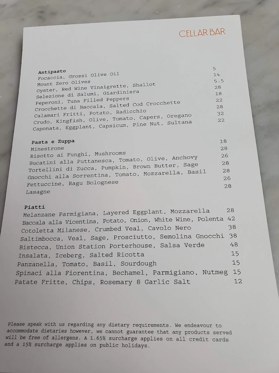Menu, Florentino Cellar Bar