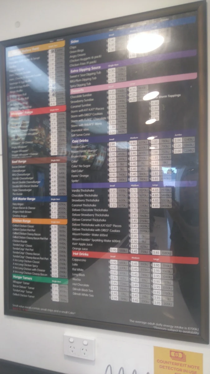 Menu, Hungry Jack's Burgers Strathpine