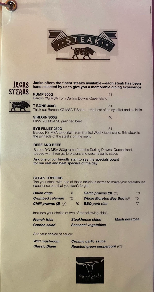 Menu, Laguna Jacks Restaurant & Cellar