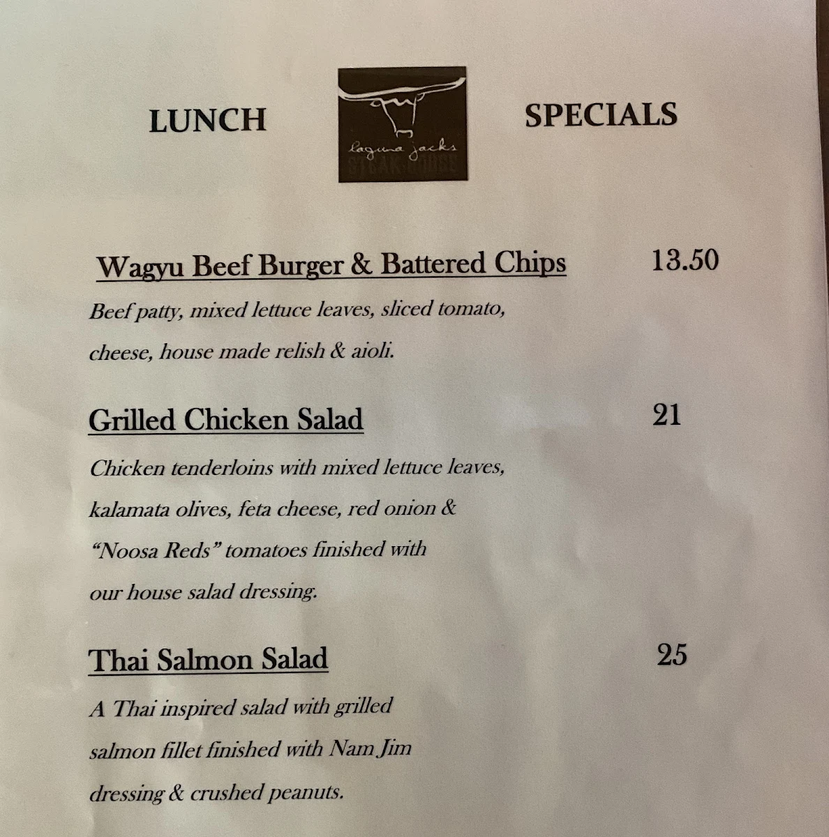 Menu, Laguna Jacks Restaurant & Cellar