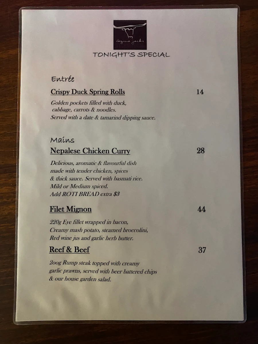 Menu, Laguna Jacks Restaurant & Cellar