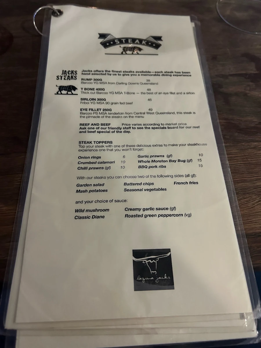 Menu, Laguna Jacks Restaurant & Cellar