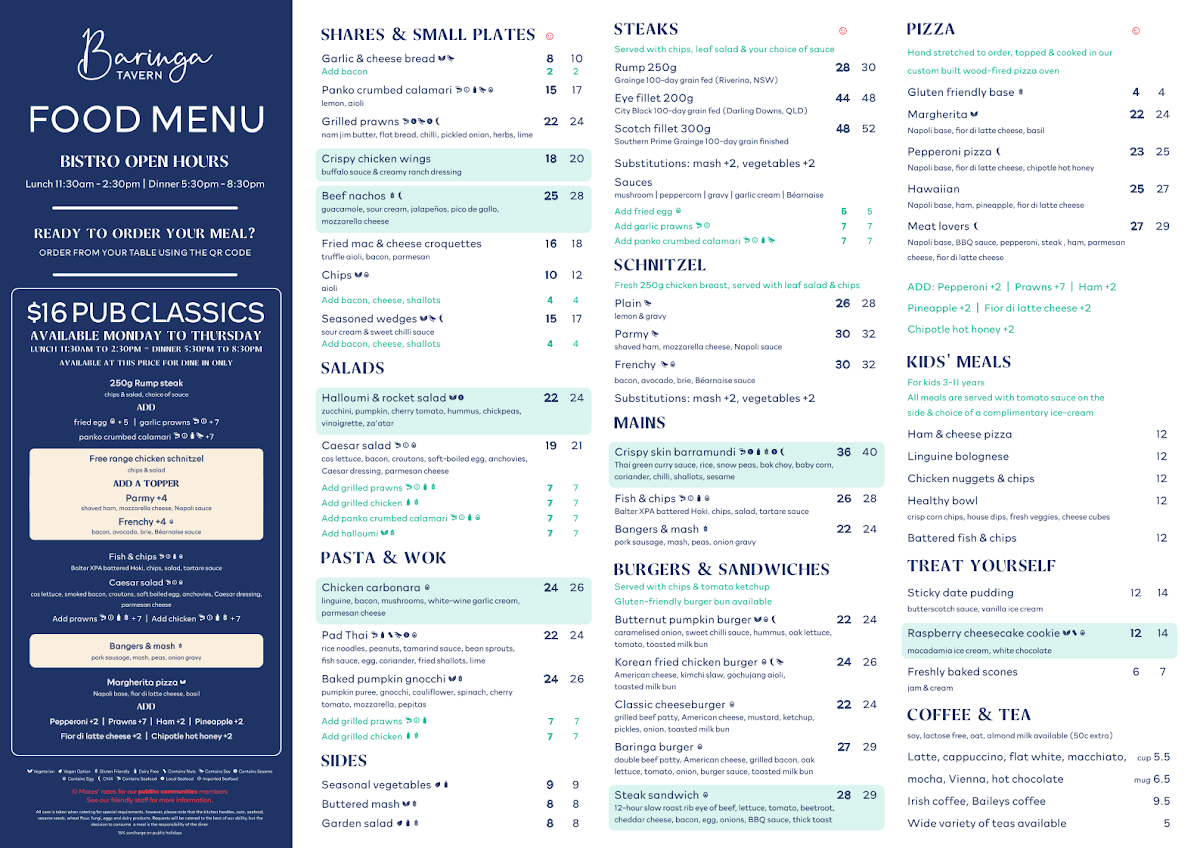 Menu, Baringa Tavern