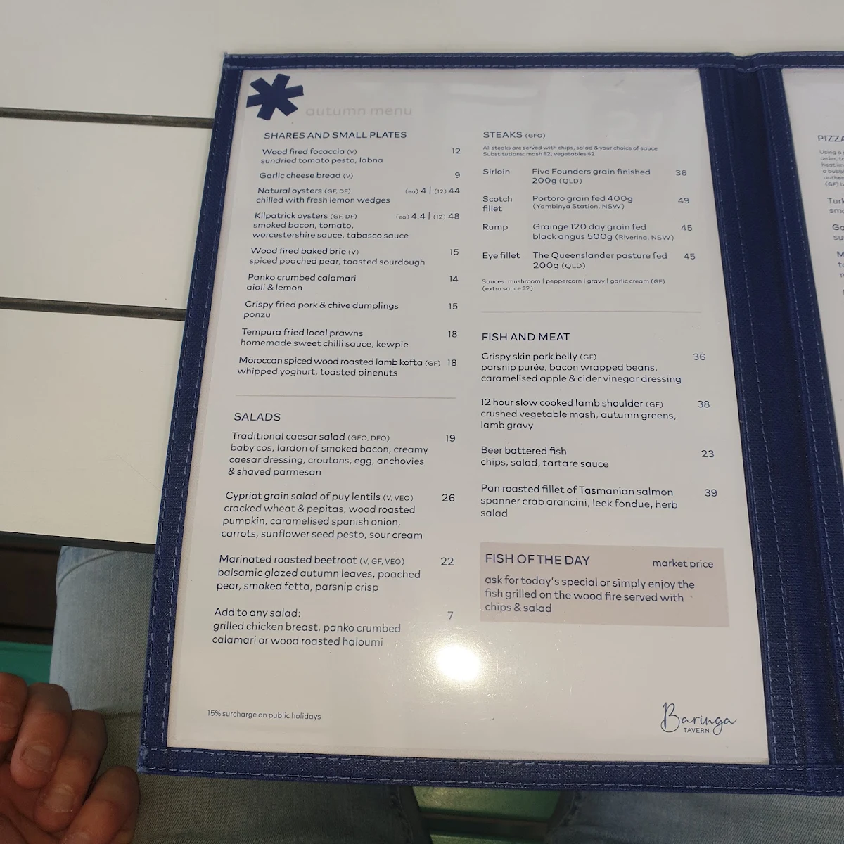 Menu, Baringa Tavern