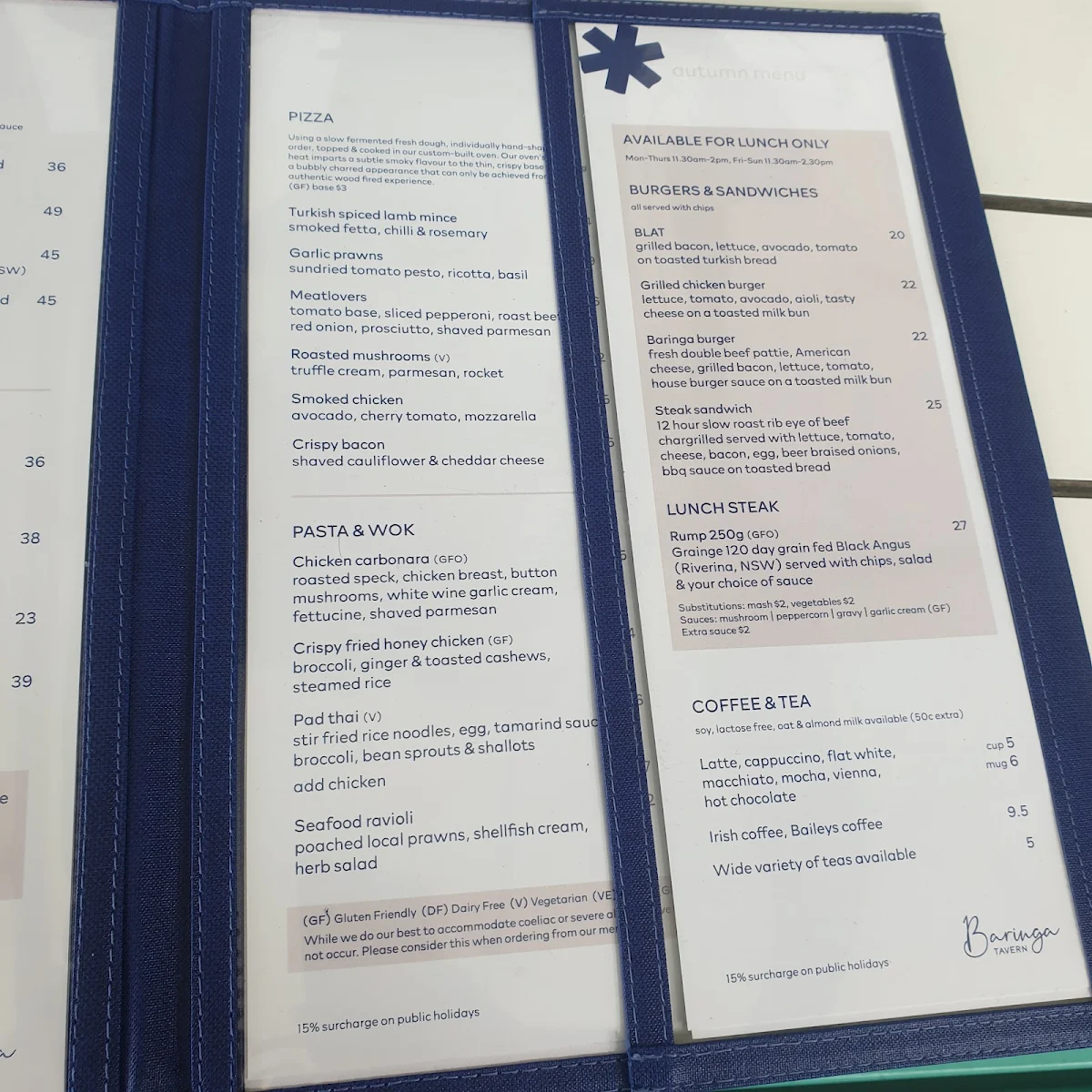 Menu, Baringa Tavern