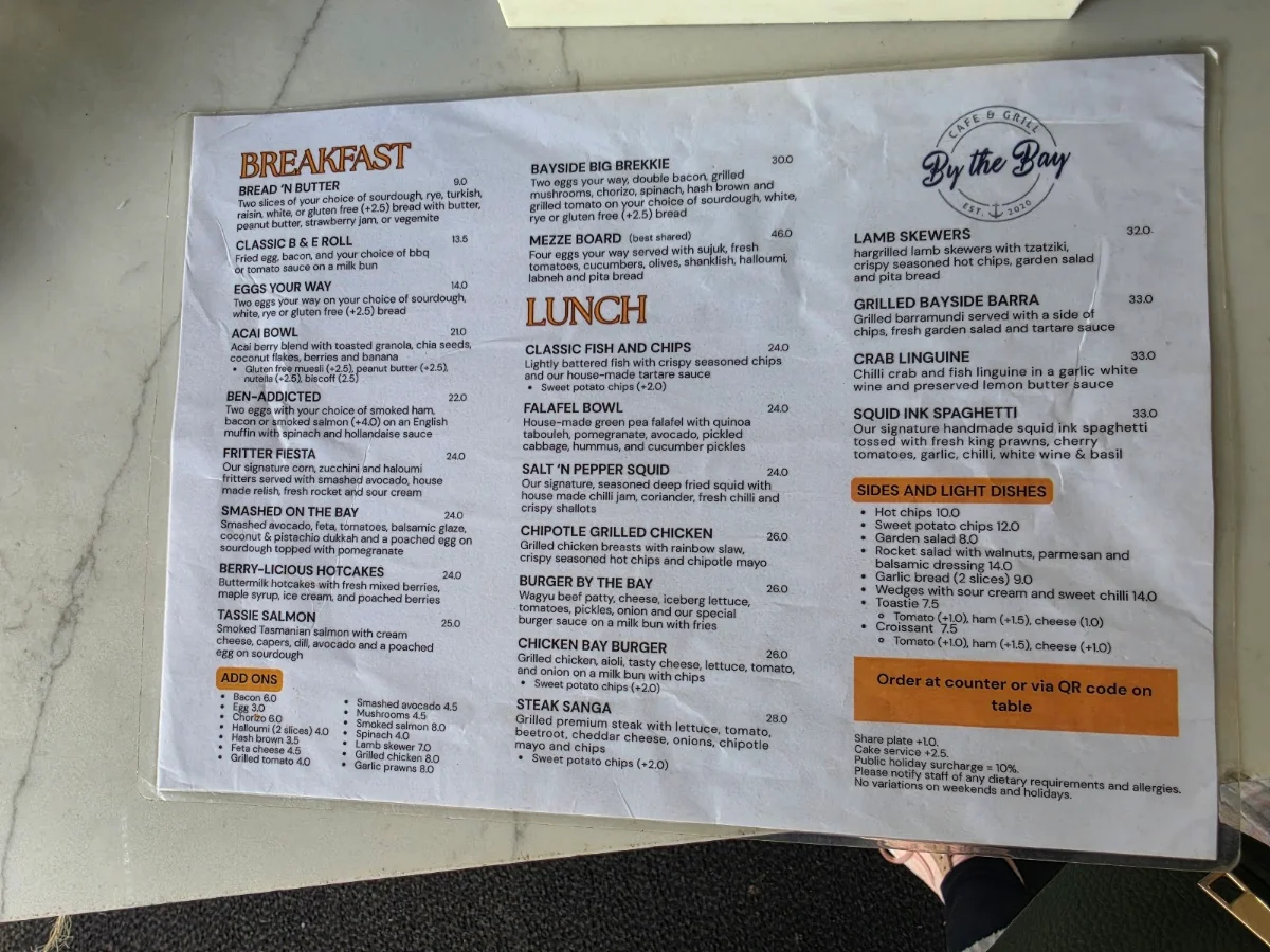 Menu, By the Bay Cafe