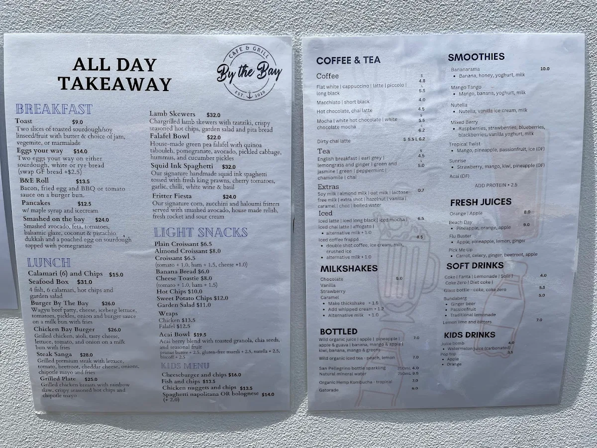 Menu, By the Bay Cafe