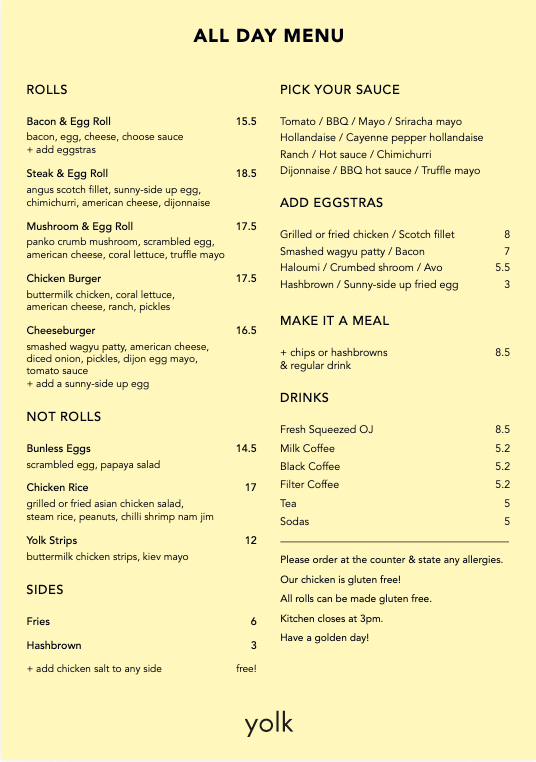 Menu, Yolk