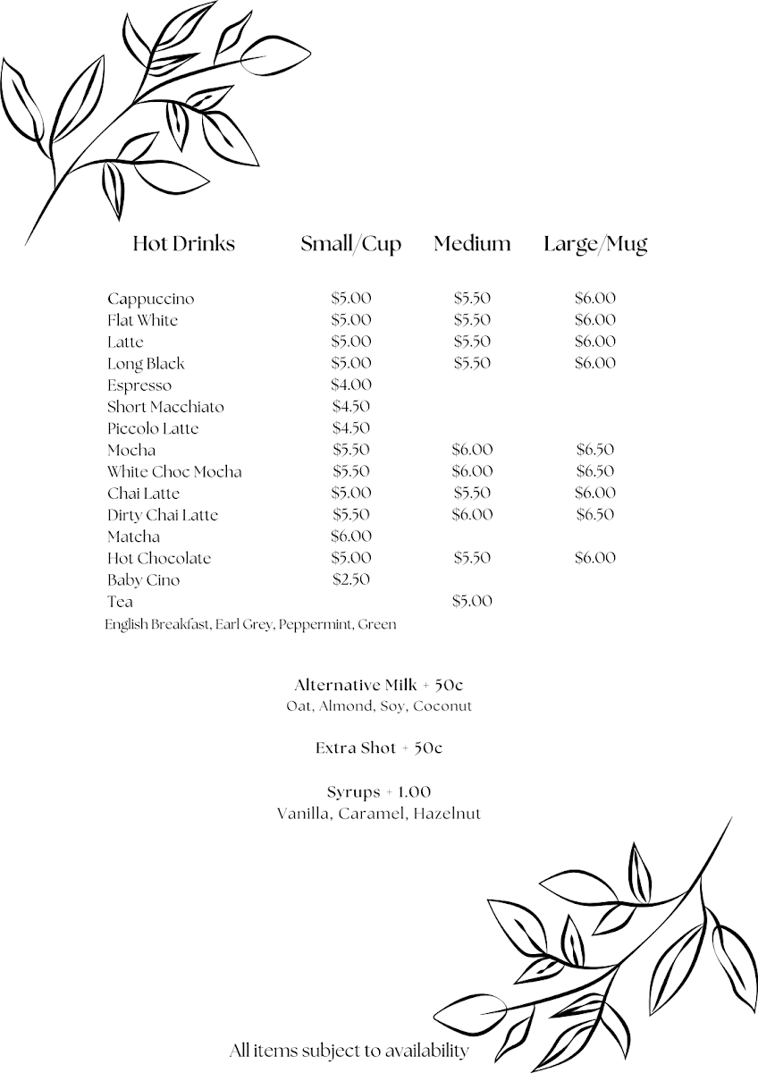 Menu, Bright Eyes Coffee