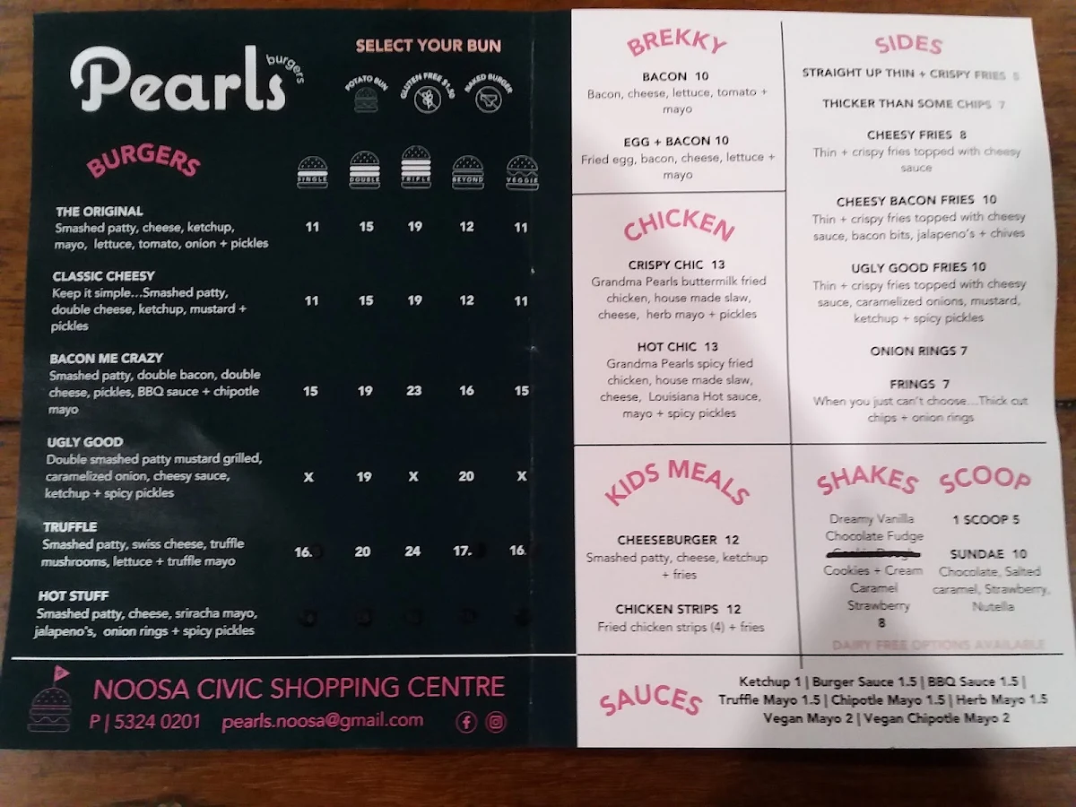 Menu, Pearls Burgers