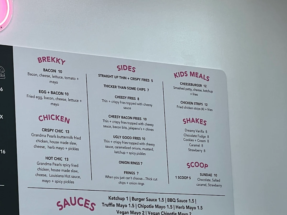 Menu, Pearls Burgers