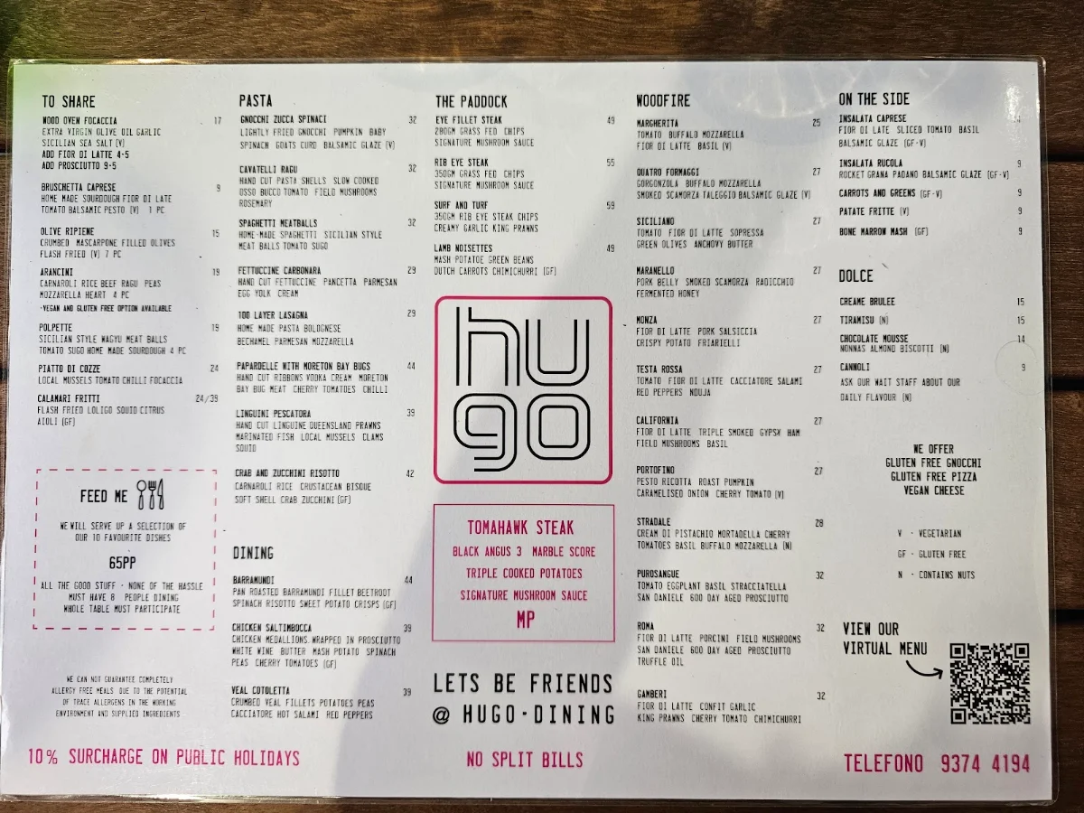 Menu, Hugo Dining Restaurant Essendon