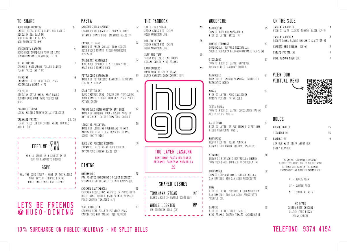 Menu, Hugo Dining Restaurant Essendon