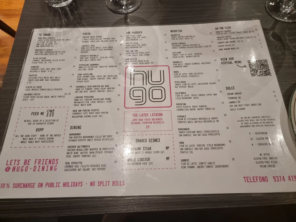 Menu, Hugo Dining Restaurant Essendon