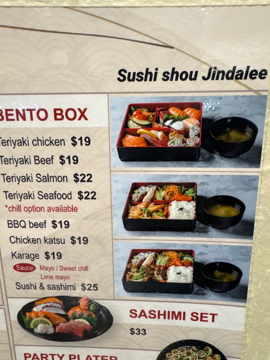 Menu, Sushi Shou Jindalee