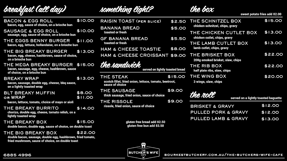 Menu, The Butcher's Wife Cafe