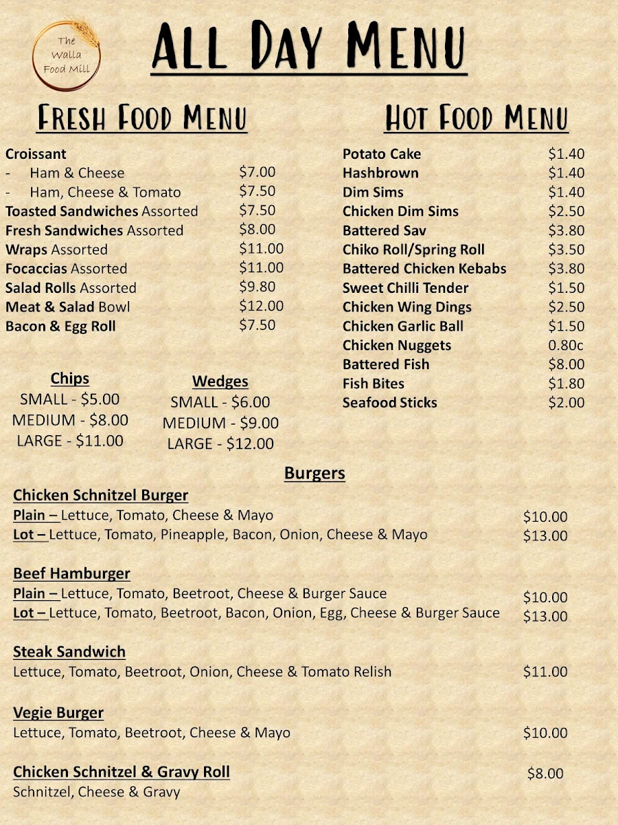 Menu, The Walla Food Mill
