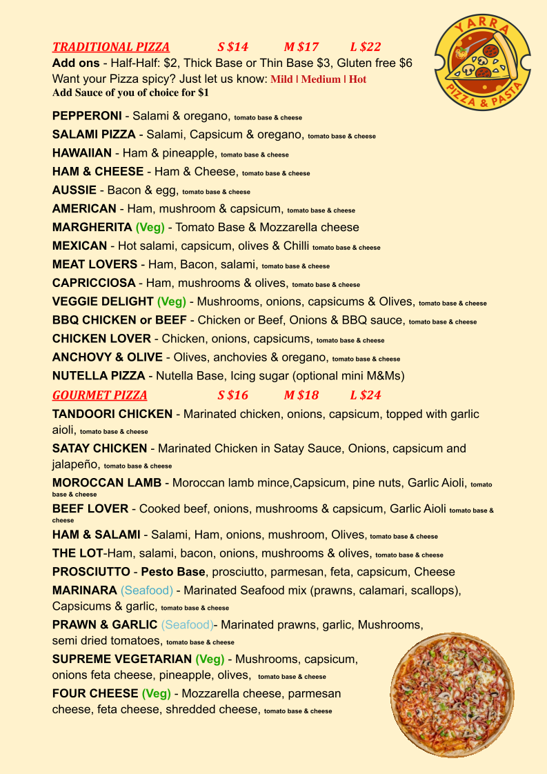 Menu, Yarra Pizza and Pasta