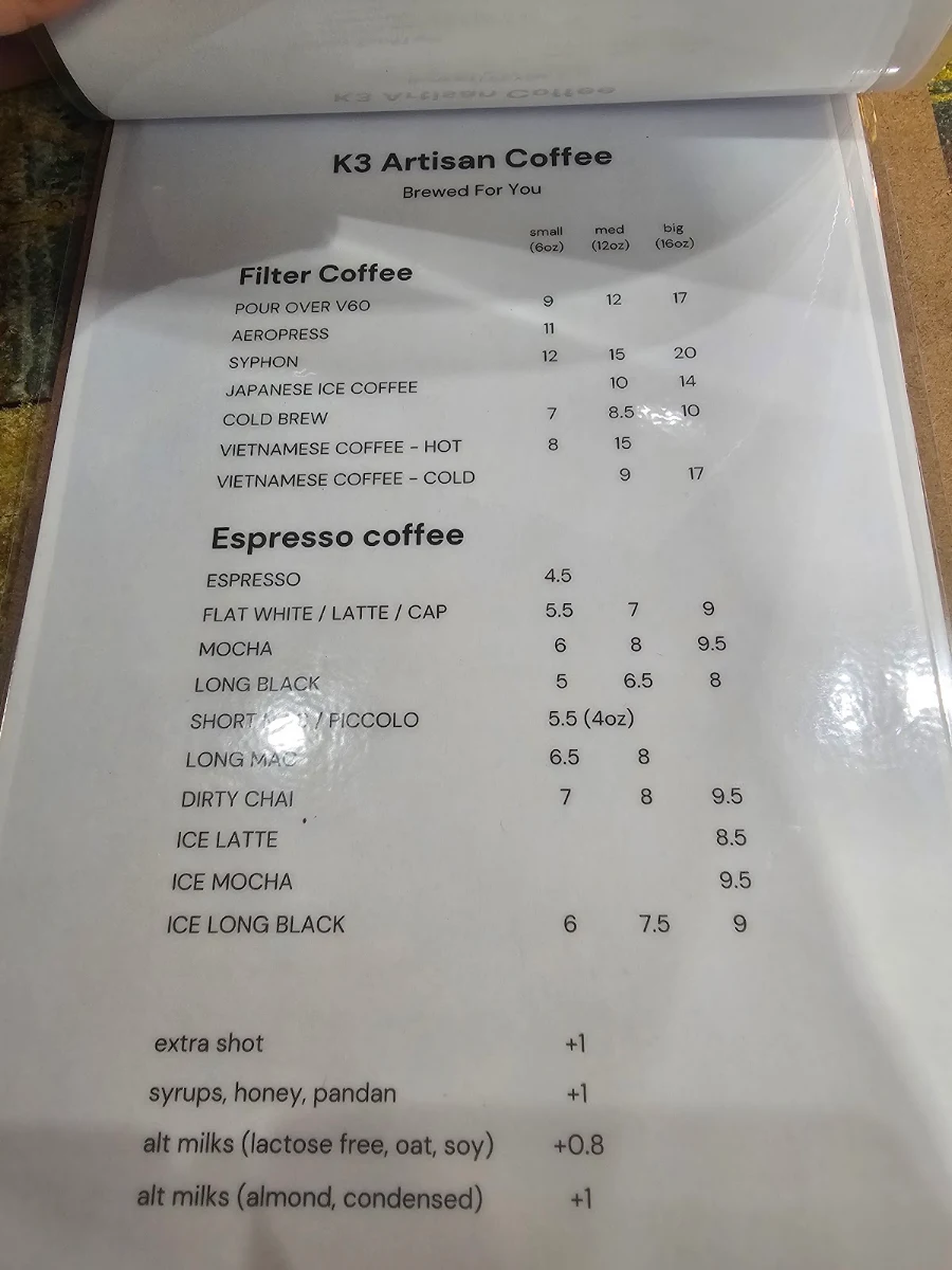 Menu, K3 Artisan Coffee