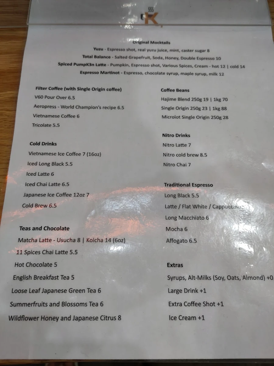 Menu, K3 Artisan Coffee