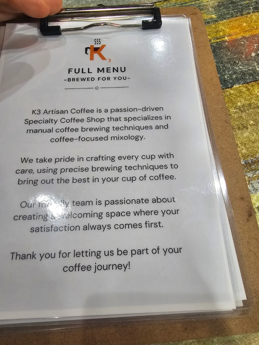 Menu, K3 Artisan Coffee
