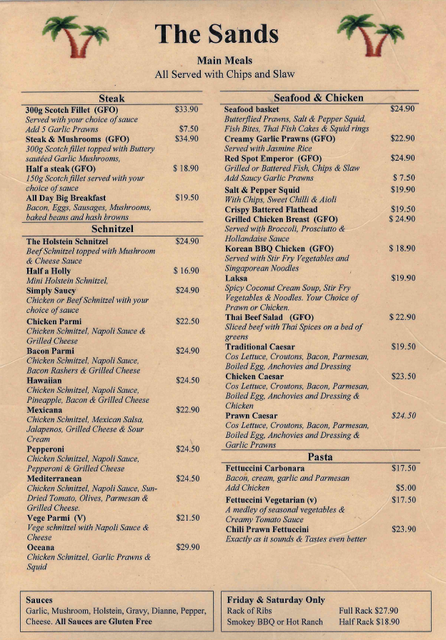 Menu, Silversands Tavern