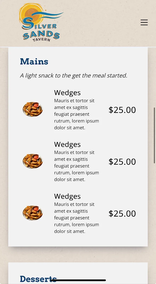 Menu, Silversands Tavern