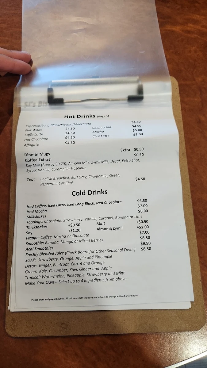 Menu, SJ's Bistro