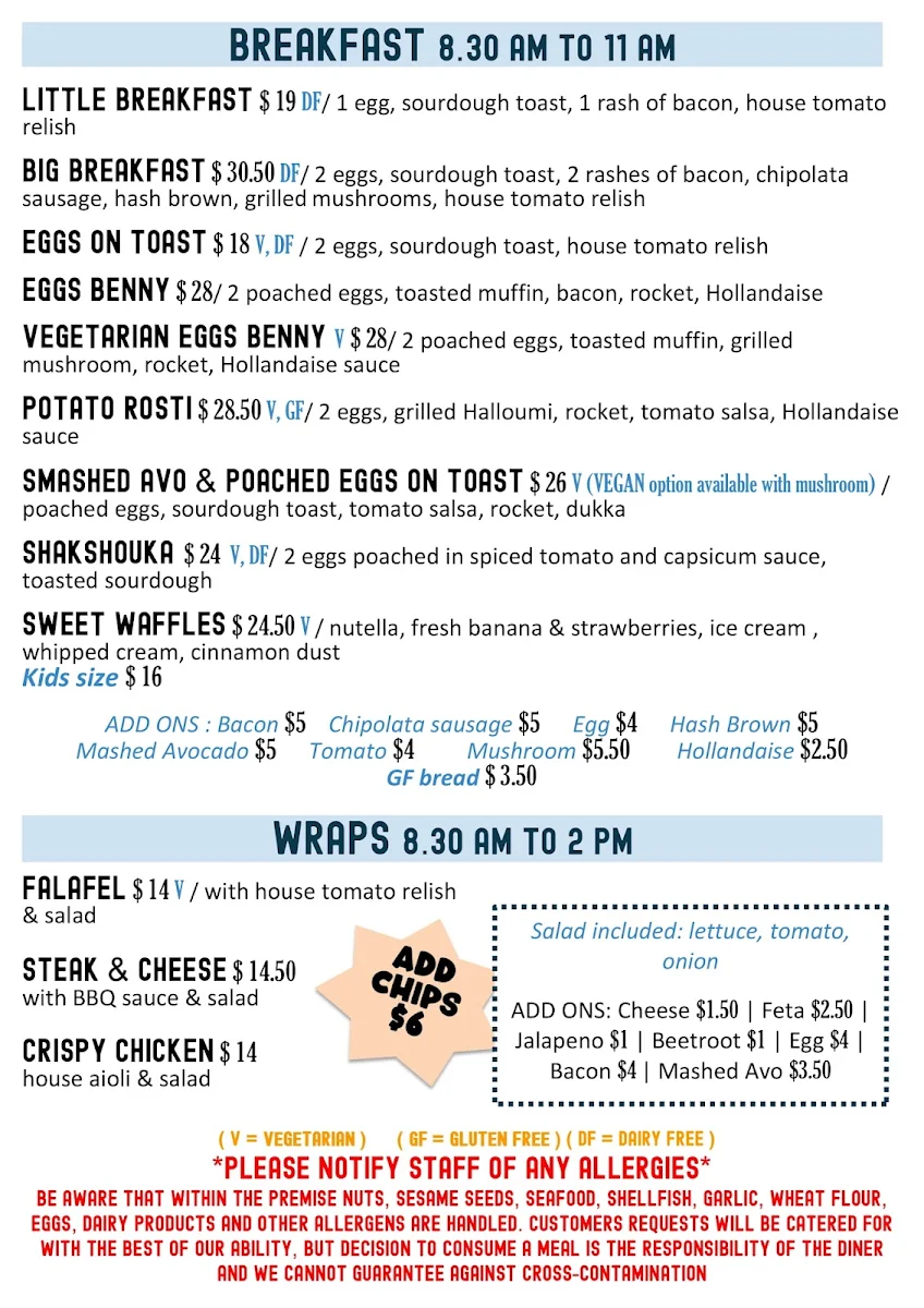 Menu, Adrift Cafe