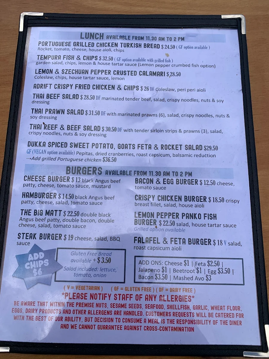Menu, Adrift Cafe