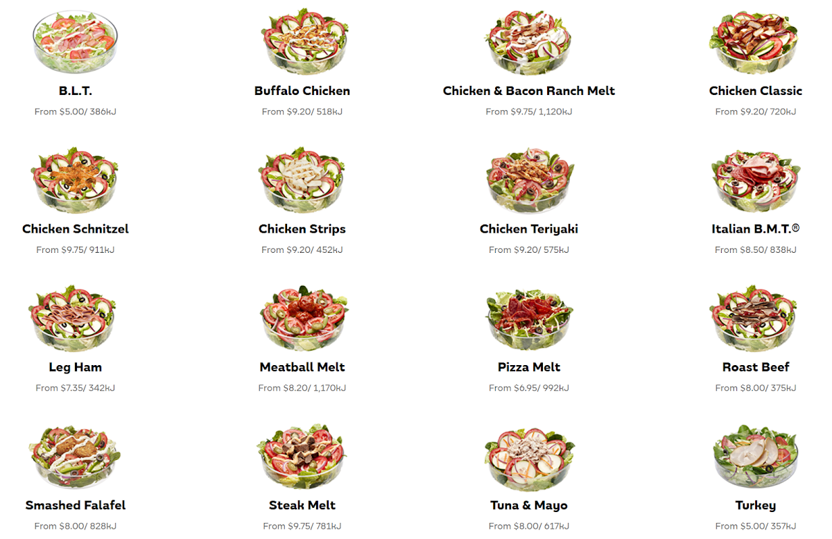 Menu, Subway Waurn Ponds