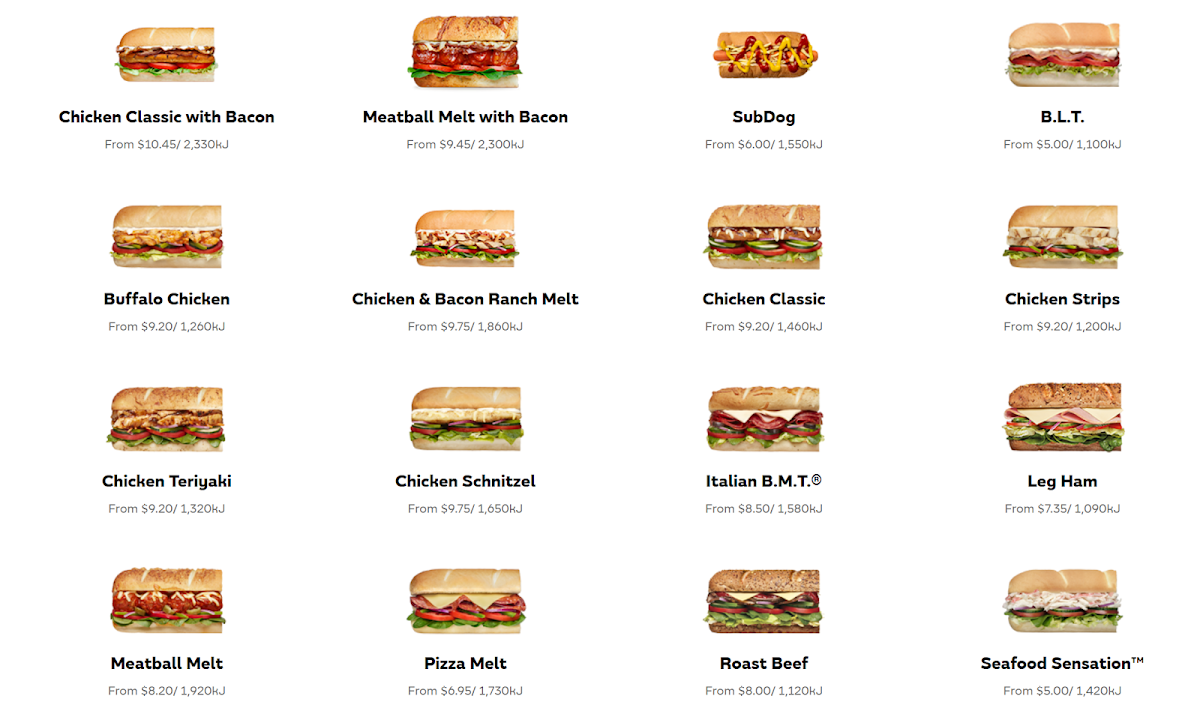 Menu, Subway Waurn Ponds