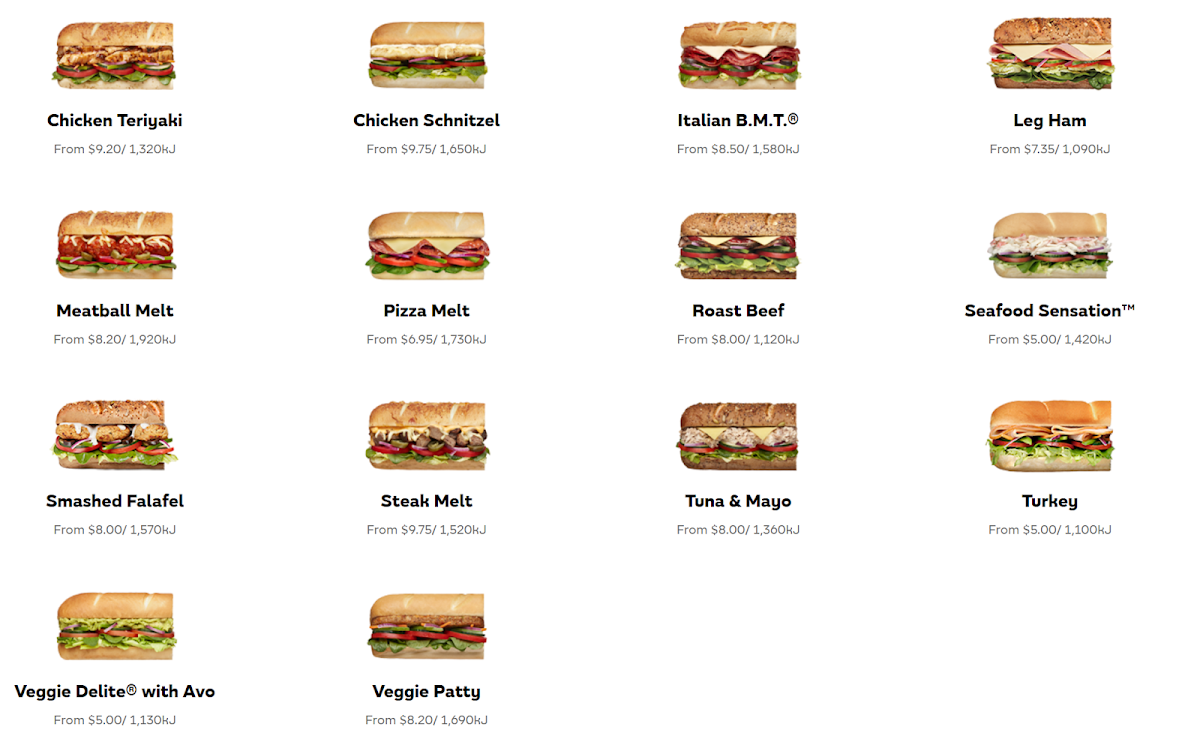 Menu, Subway Waurn Ponds