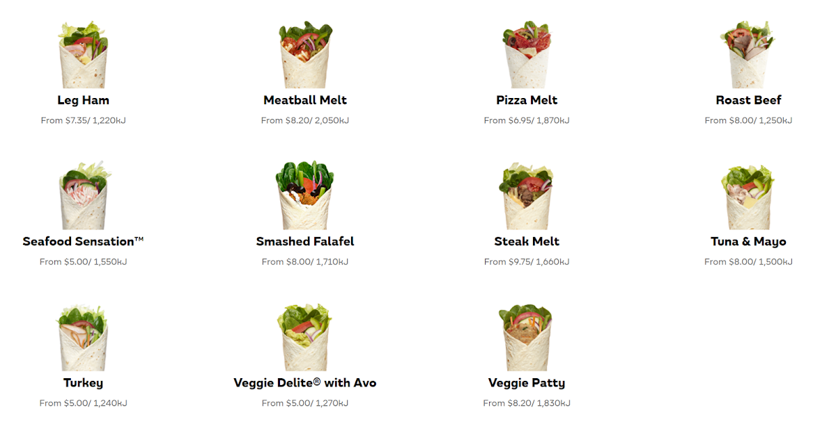 Menu, Subway Waurn Ponds