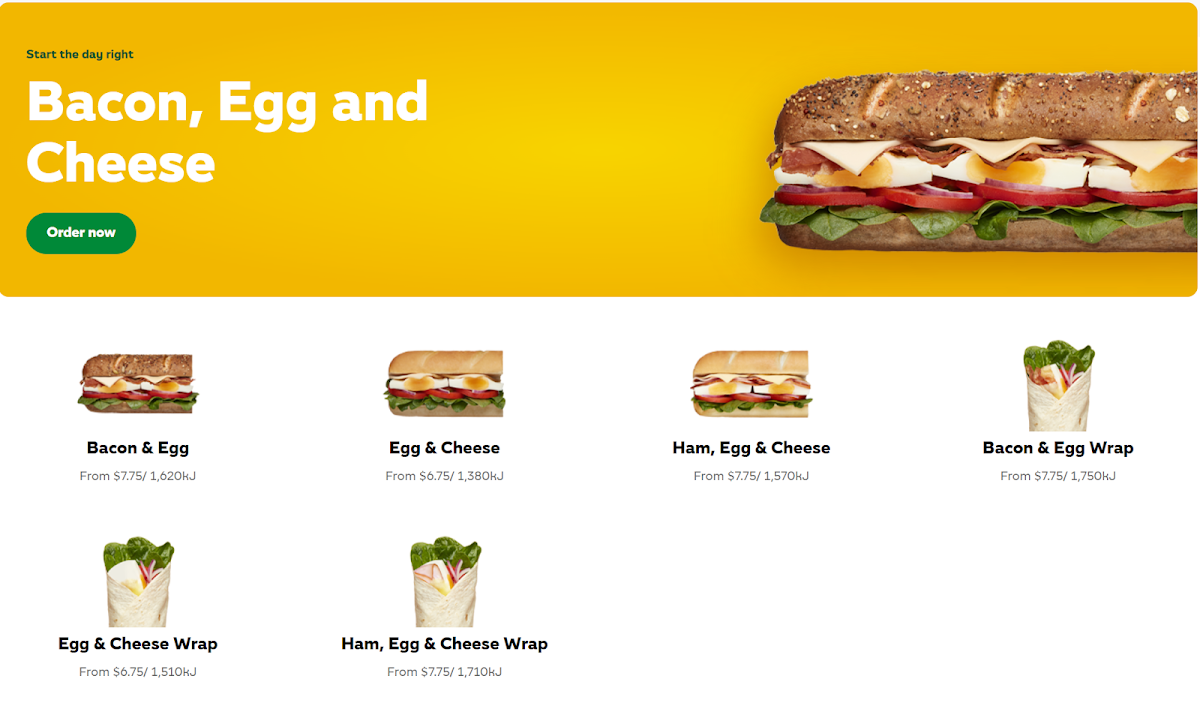 Menu, Subway Waurn Ponds