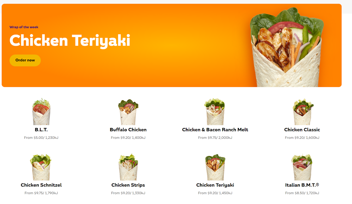 Menu, Subway Waurn Ponds